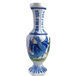 Vintage 15"  Hand-Painted Signed Tonala Mexico Pottery Vase With Peacock